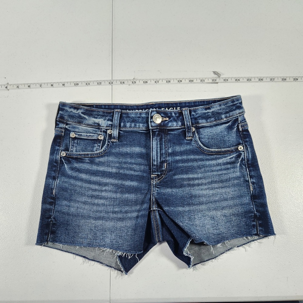 American Eagle Midi‎ Denim Shorts Women 4 Dark Wash Raw Hem Stretch Cutoffs